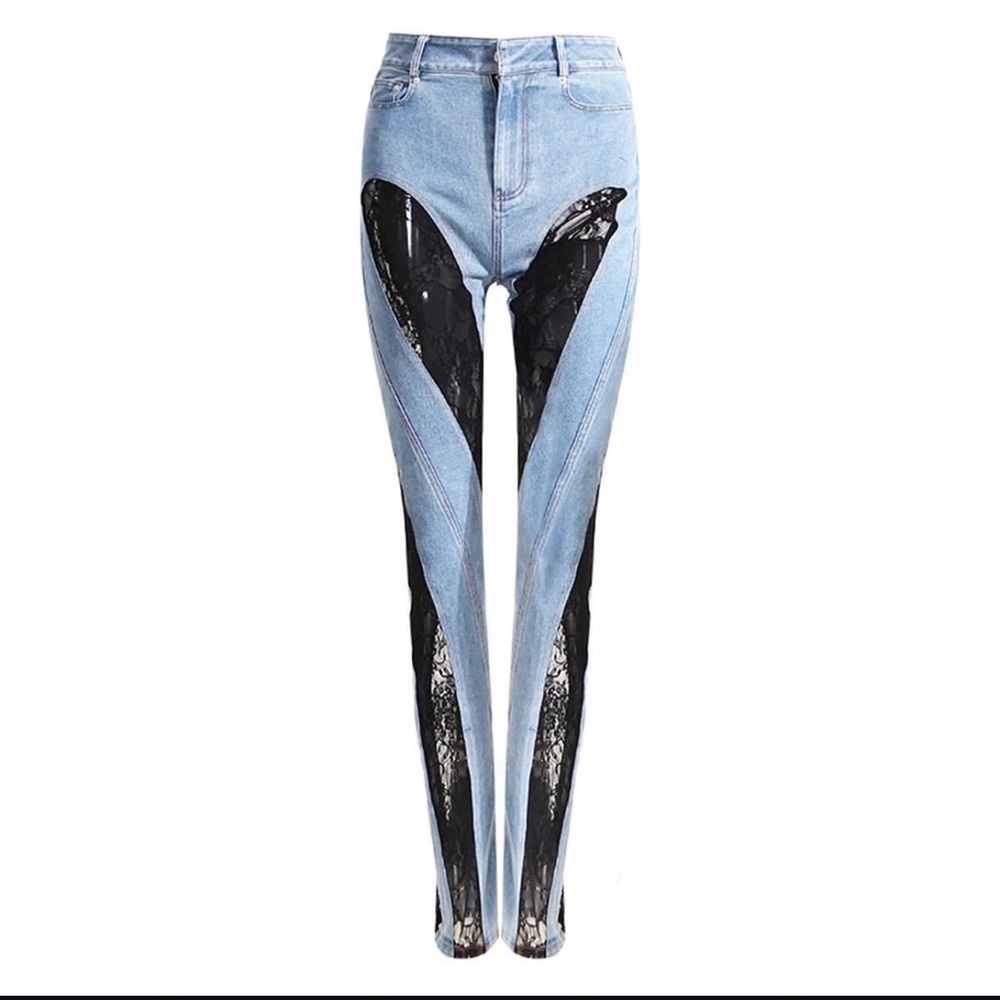 Stylish Blue and Black Women's Jeans Denim & Lace.
